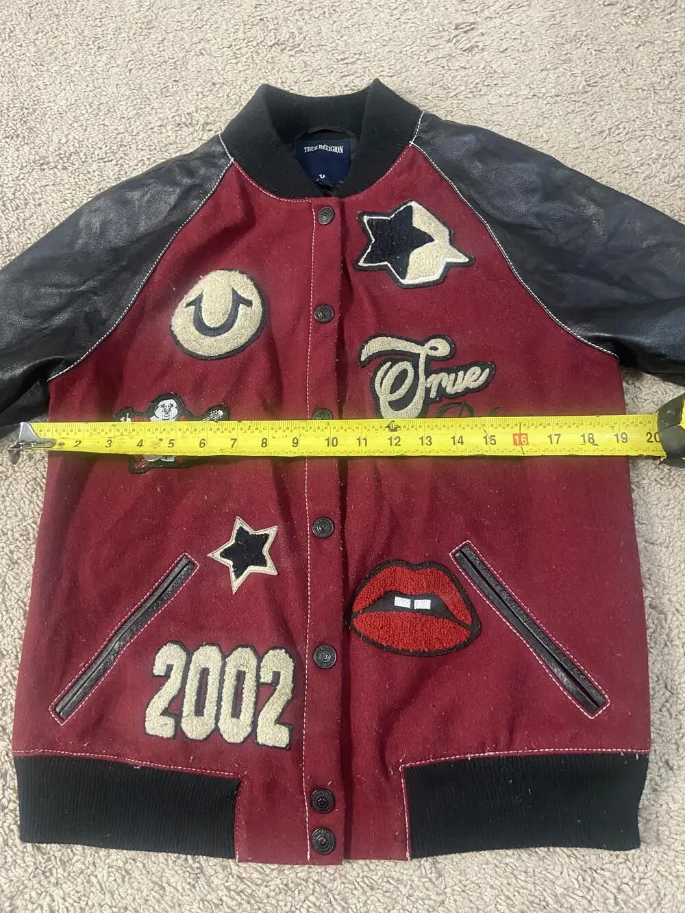 True Religion Jacket Mens Small Red Black Varsity Letterman 2002 Patches Bomber